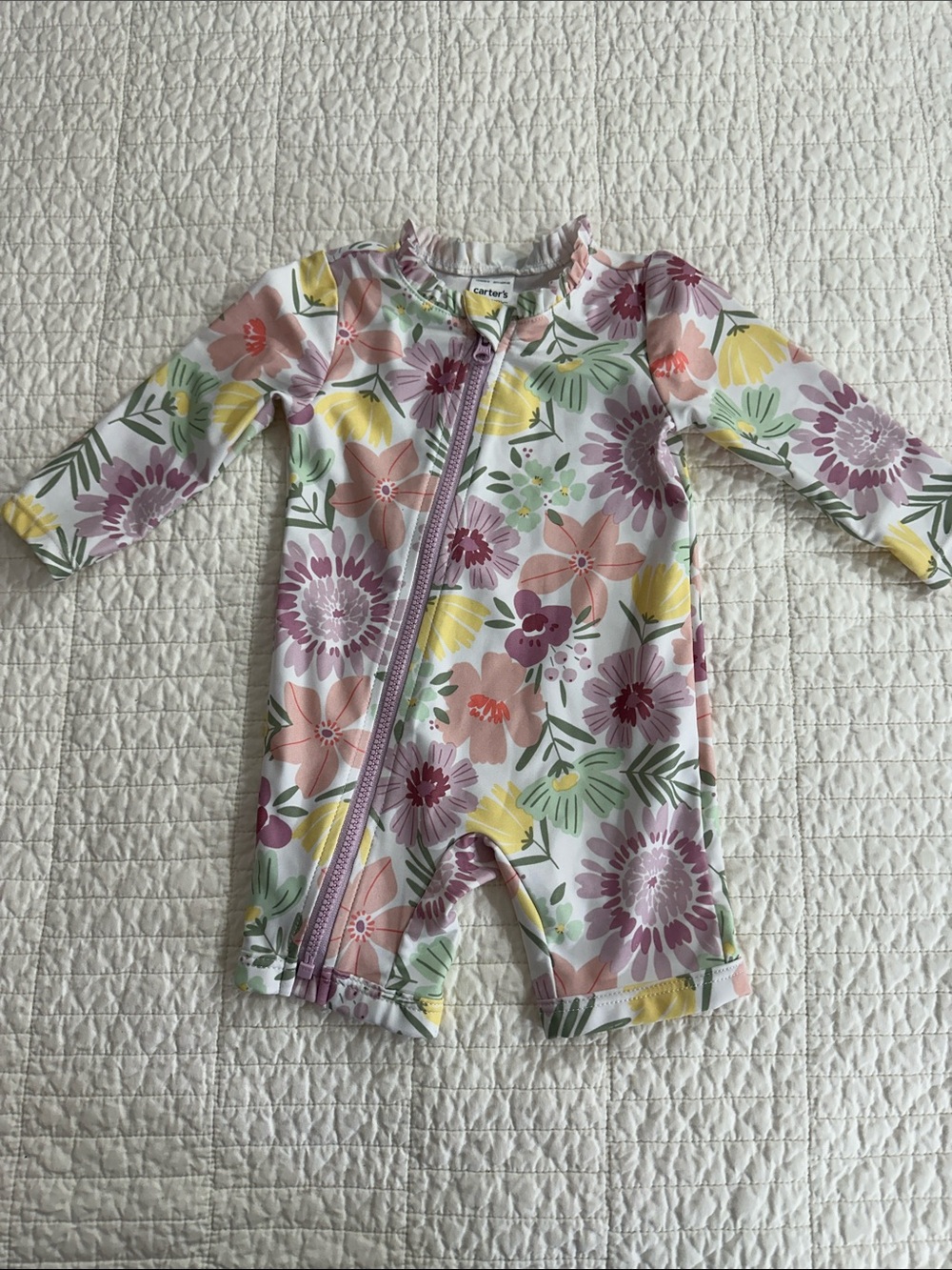 Carter's 3 mo Pastel Floral Long-Sleeve Swim Romper Ruffle Rash Guard Full Zip
